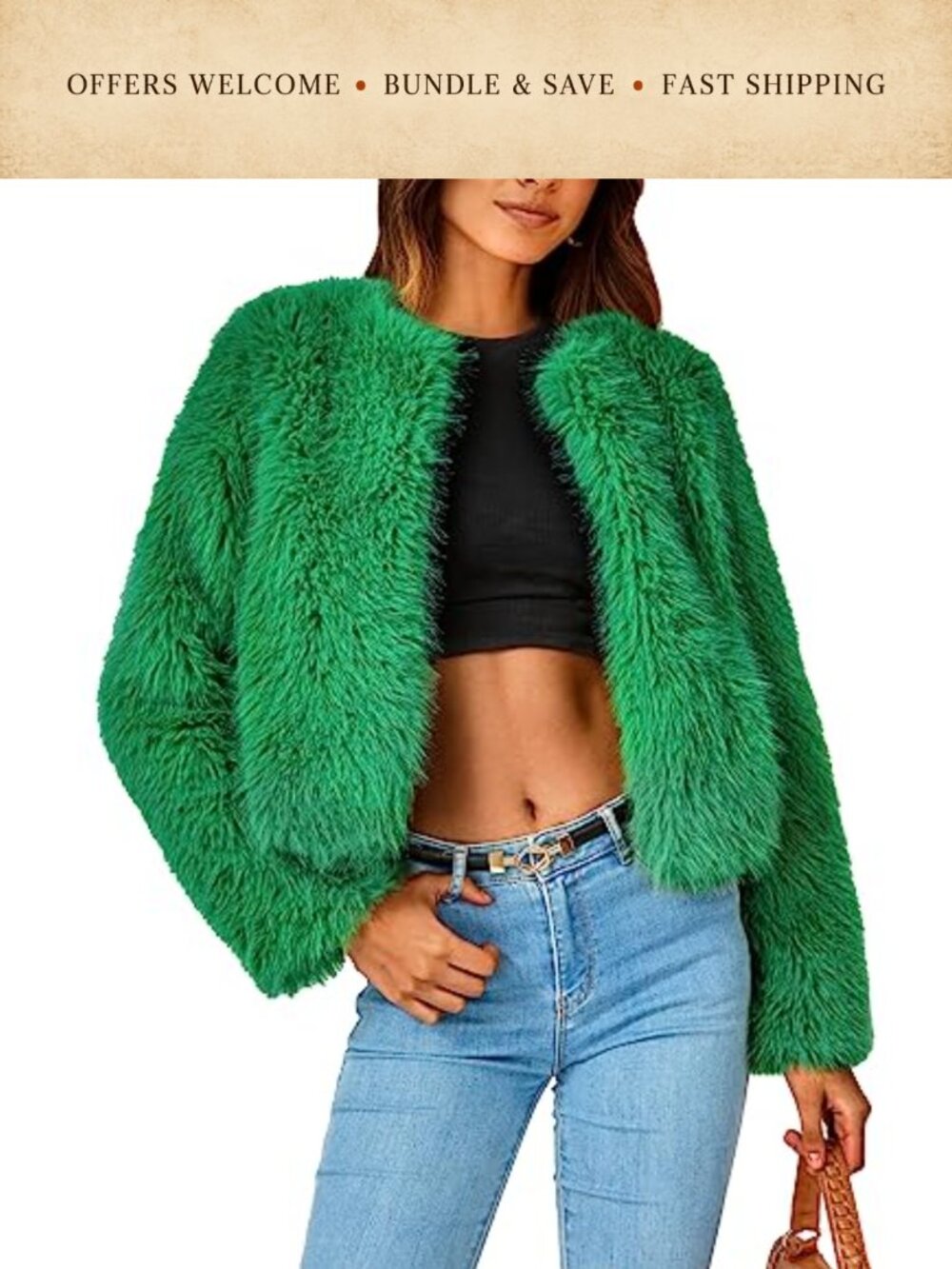 Womens Faux Fur Cropped Jacket Long Sleeve Open Front Pockets Shaggy Coat